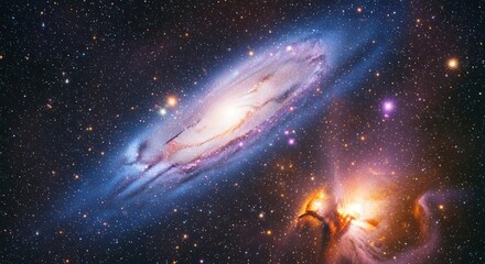 Vivid spiral galaxy with cosmic dust and glowing nebulae in deep space showcasing star clusters and interstellar gas clouds