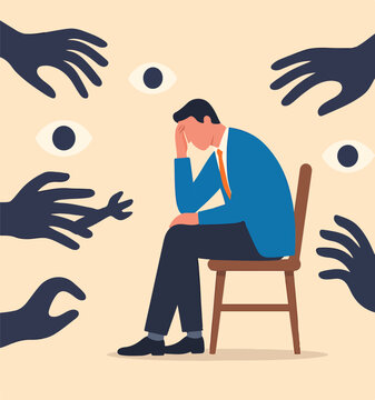 Paranoia, fear and panic cause by mental health, phobia or disorder from mental disorder, depression from stress and anxiety concept, paranoia businessman sitting on a chair with creepy hand and eyes.