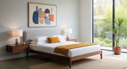 Modern Minimalist Bedroom with Artwork and Greenery.