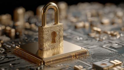 A secure digital padlock placed on a microchip symbolizing advanced data protection cybersecurity and trusted technology systems
