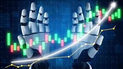 Robotic hands engage with a dynamic digital stock chart, symbolizing the intersection of technology and finance, highlighting market growth and analysis. Copula - Powered by Adobe