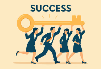 Naklejka premium Key to success, team working together as teamwork to achieve goal or target, unlock career opportunity, solution or winning business planning concept, business people carry golden key to success.