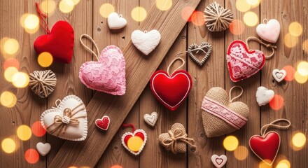 Valentines Day Hearts Decoration on Wooden Background.