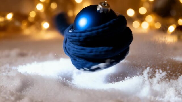 Blue Christmas ornament rests on artificial snow alongside a cozy knitted scarf. Warm golden bokeh lights create a festive atmosphere and soft shallow depth of field emphasizes the ornament and textur