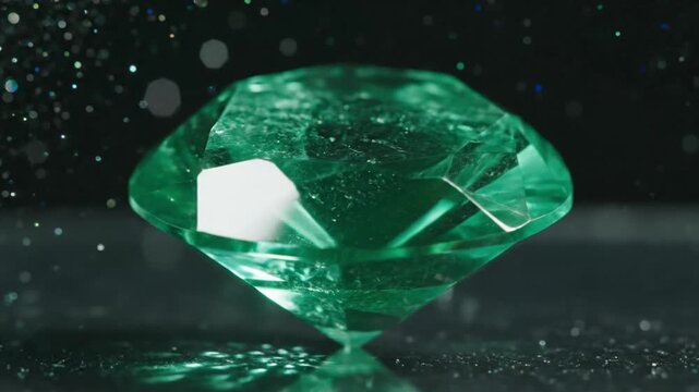 A pristine green emerald gemstone with brilliant facets reflecting light, set against a dark, textured surface with shimmering particles