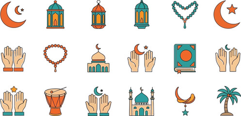 Islamic religious symbols and objects for ramadan and eid celebrations including crescent moon star lanterns mosque hands praying beads and quran on white background