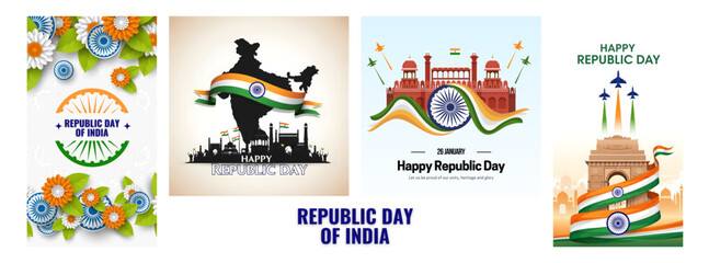 Fototapeta premium Republic day poster, banner, social media post with Happy Republic day in Hindi, calligraphy, 26 January Republic day wishes