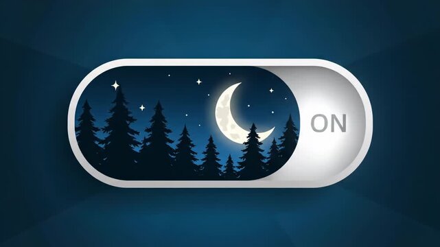 A toggle switch button with a night scene and the word off on a dark blue background with a moon and stars