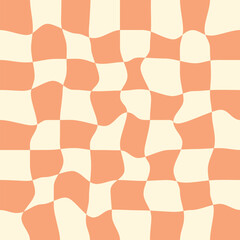 Retro groovy checkered background in orange. Hippie summer 70s wallpaper. Psychedelic checkerboard pattern.