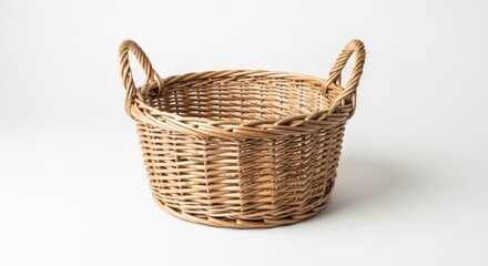Wicker Basket with Handles on White Background.