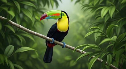 Fototapeta premium Exotic tropical toucan with multicolored beak resting on wooden perch surrounded by lush green leaves