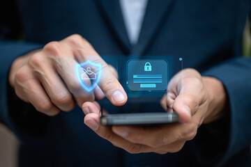 Businessman using smartphone with security icons for data protection