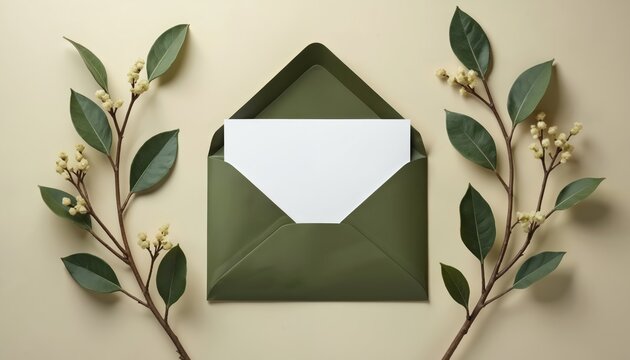 Elegant olive green envelope with blank white card surrounded by floral sprigs. Stationery flat lay provides minimal modern aesthetic. Perfect for greetings wedding invites marketing eco friendly