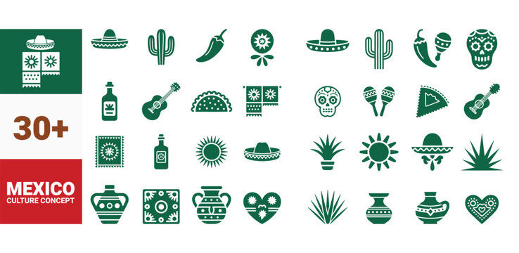 A collection of vibrant green icons representing Mexican culture and traditions