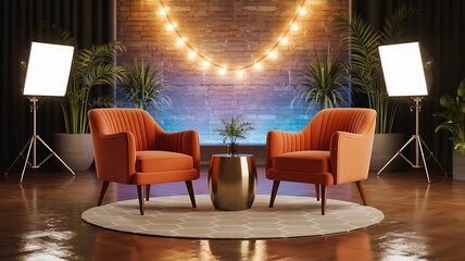 Modern podcast studio set with chairs lights and stage
