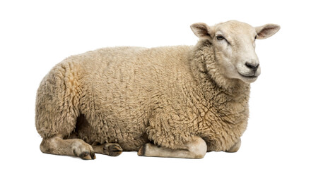 Fototapeta premium Realistic sheep lying down with full body visible, isolated on transparent background. Ideal for farming, livestock, agriculture, wool, and rural design concepts.