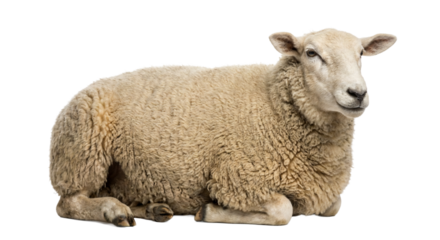 Realistic sheep lying down with full body visible, isolated on transparent background. Ideal for farming, livestock, agriculture, wool, and rural design concepts.