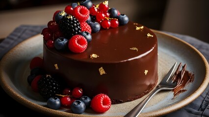 A decadent chocolate cake with berries and gold flakes on a ceramic plate.