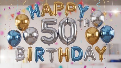 Happy 50th Birthday 3D Balloon Text Illustration for Golden Anniversary Celebration and Greeting Card