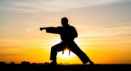 Martial artist in powerful stance against vibrant sunset sky with urban horizon during evening training session