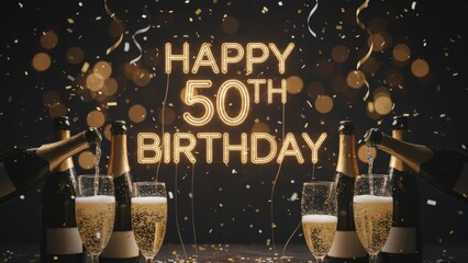 Champagne Theme Celebration Background with Glowing Happy 50th Birthday Text for Luxury Events