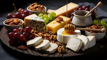 Cheese board with variety of cheeses, grapes, nuts, and honey drizzle, dark moody background.