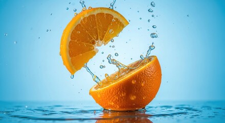 Vibrant citrus orange halves with refreshing water splash and juicy segments in bright blue liquid environment