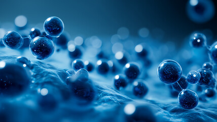 Floating connected spheres forming a molecular structure on an abstract surface representing scientific research nanotechnology and advanced material concepts.
