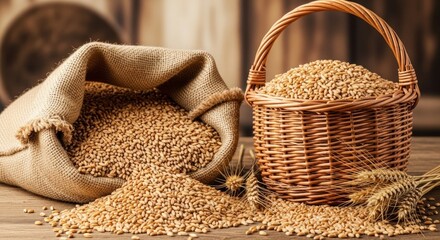 Wheat Grains in Wicker Basket and Sack.