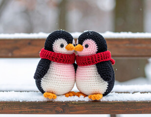 Adorable crochet penguins embracing in snowy winter wonderland cute animal art cozy holiday atmosphere heartwarming view