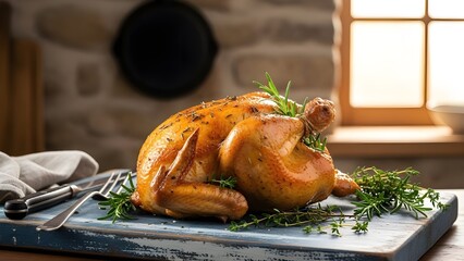 Golden roasted chicken with herbs, crispy skin, rustic kitchen setting.