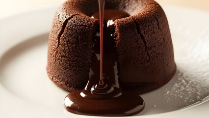 A close-up of a dripping chocolate lava cake on a white plate, soft lighting, realistic style.
