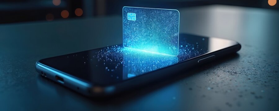 Holographic credit card shines on phone screen. Digital payments tech shown with particle effect, banking app. Futuristic fintech concept for finance, shopping, online transactions, security, mobile - Powered by Adobe