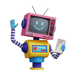 Happy retro tv robot clyde efficiently manages tasks, waving with a completed to-do list isolated on transparent background, illustration
