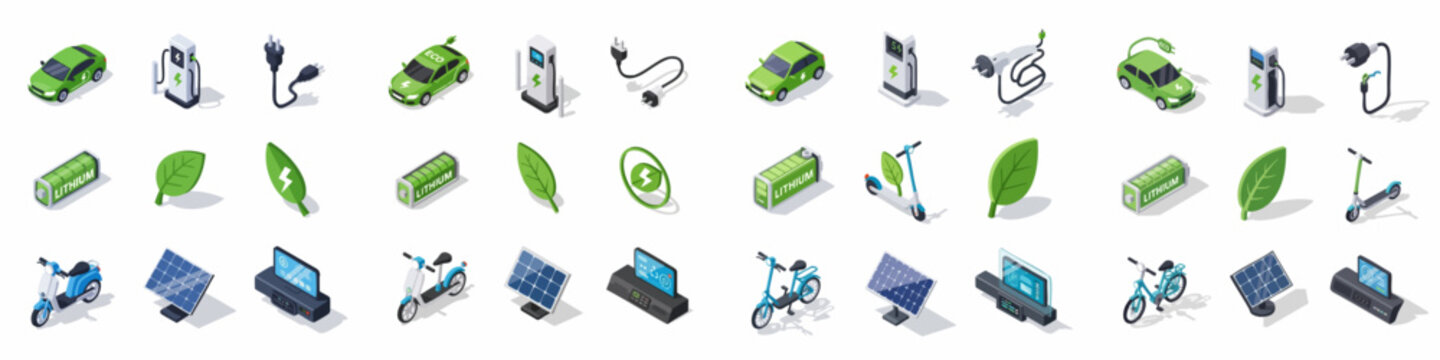 Isometric Electric Vehicle and Green Energy Icon Set. EV charging, lithium battery, solar power, electric car, scooter, and bike symbols for sustainable technology.
