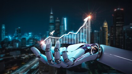 Robot hand presenting rising financial growth graph at night
