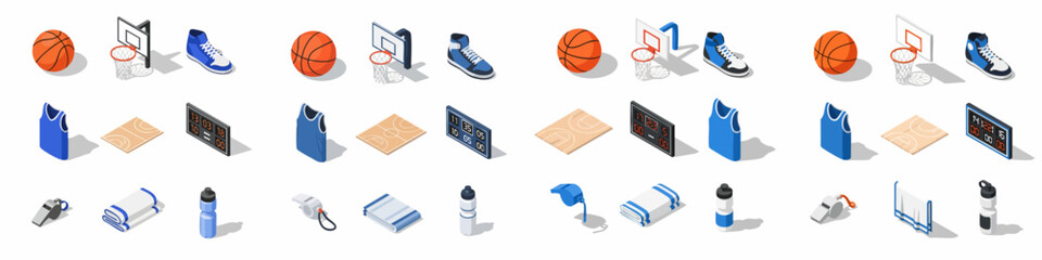 Isometric Basketball Equipment Icons Set: Ball, Hoop, Shoes, Jersey, Court, Scoreboard, Whistle, Towel, and Water Bottle for Sport Graphics. © Asep