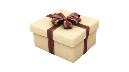 Beige gift box with dark red ribbon bow against a transparent background
