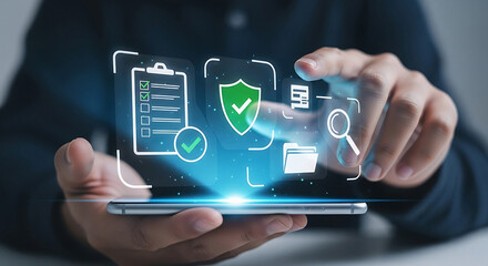 Businessman interacting with secure digital interface on smartphone