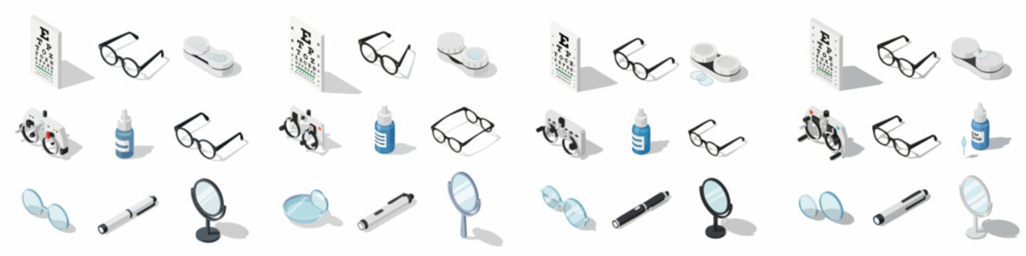 Isometric Vision Care and Optometry Icon Set: Glasses, Snellen Charts, Contact Lenses, and Examination Equipment for Eye Health.