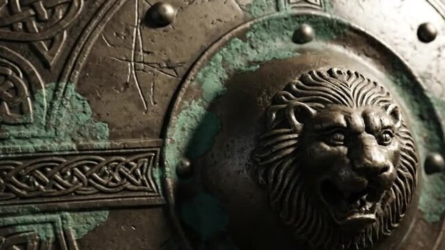 Ancient Celtic Shield Lion Head Ornament Close Up.
