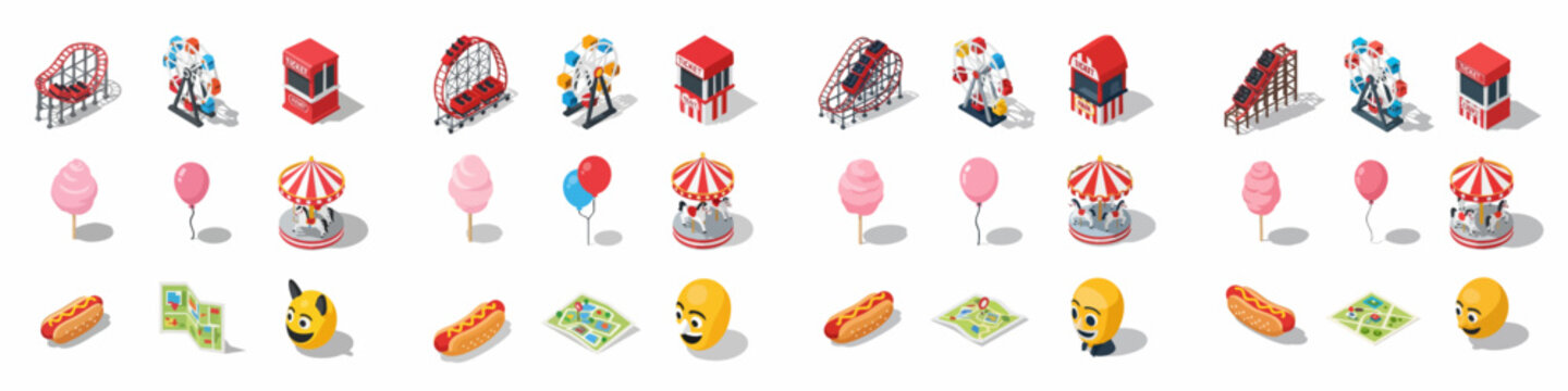 Amusement Park Isometric Icons Set: Rides, Food, and Attractions including Roller Coasters, Ferris Wheels, Carousels, and Tickets.
