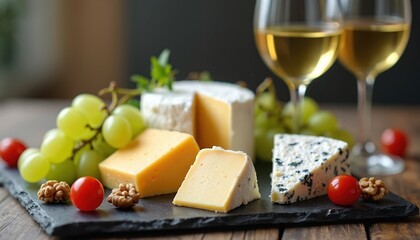 Assorted cheeses grapes and wine arranged on slate board. Gourmet platter with different cheese types and fresh fruit, ideal for elegant dining or celebration.