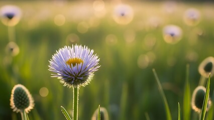 Delicate purple wildflower in soft golden sunlight