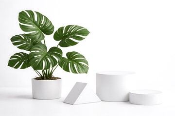 Monstera plant in white pot with geometric shapes on white background