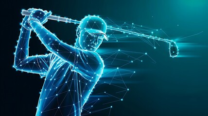 Digital golfer swinging club futuristic sports action