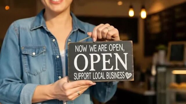 Now We Are Open: Small Business Reopening Sign | Support Local Community | Female Holding Rustic Wooden Chalkboard