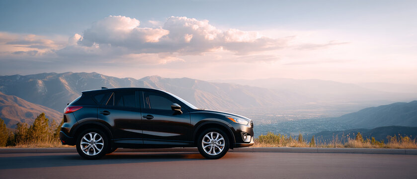 Black compact SUV parked on mountain road with scenic valley and mountain range in background during sunset