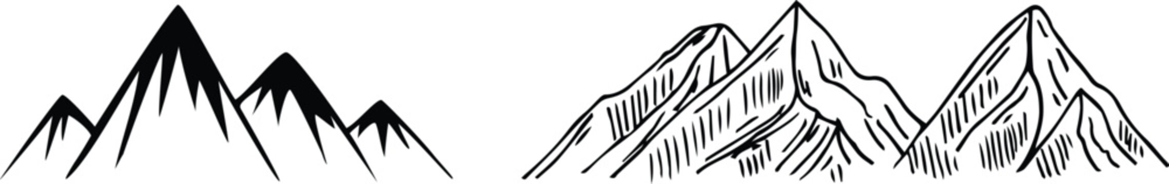 Mountain icon logo vector illustration for adventure outdoor sport graphic design. Black stone and landscape drawing, different shape of peak logo mountain icon silhouettes. Evergreen forest black