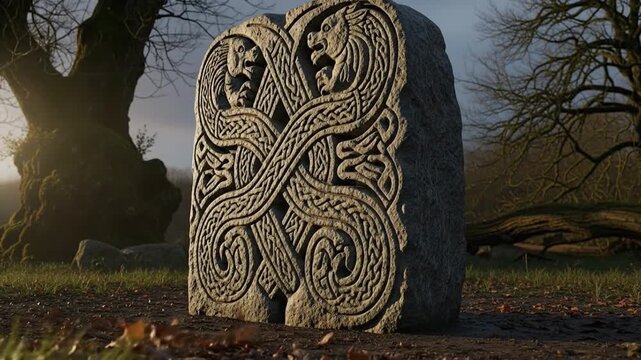 Ancient Celtic Stone Carving with Intertwined Beasts.
